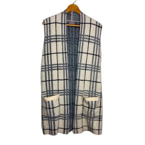 5/$25 Cyrus  Sweater Vest Cream Black M Longline Pockets Fuzzy Plaid Sleeveless
